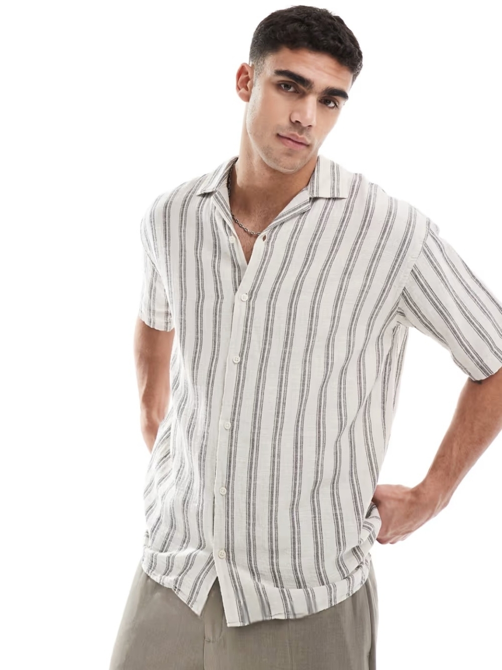 Zara Linen Blend White Short-Sleeve Vertical Stripe Button-Down Shirt SZ Medium